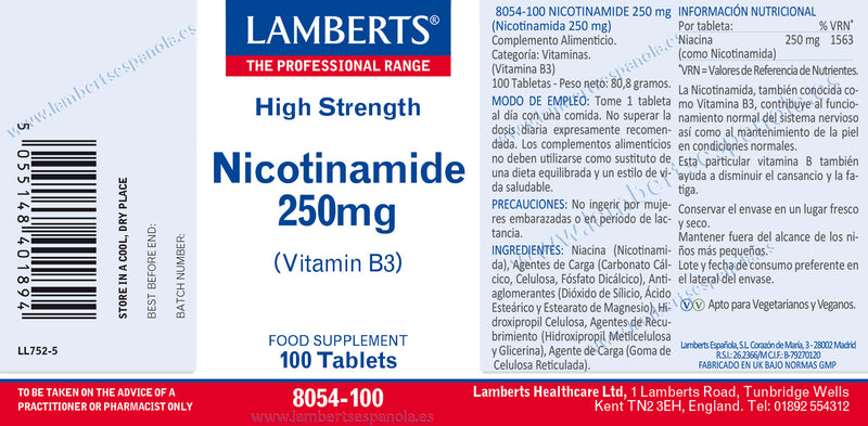 Etiqueta Nicotinamida 250 mg - 100 Cápsulas. Lamberts. Herbolario Salud Mediterranea