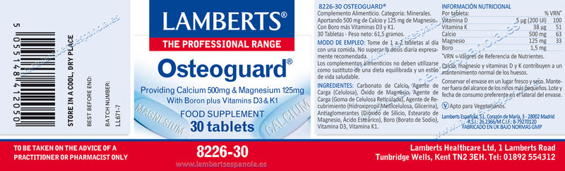 Etiqueta Osteoguard - 30 Tabletas. Lamberts, Herbolario Salud Mediterranea