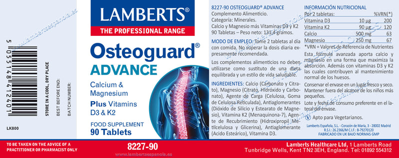 Etiqueta Osteoguard Advance - 90 tabletas. Lamberts. Herbolario Salud Mediterranea