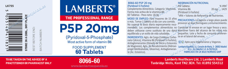 Etiqueta P5P 20 mg - 60 Cápsulas. Lamberts, Herbolario Salud Mediterranea