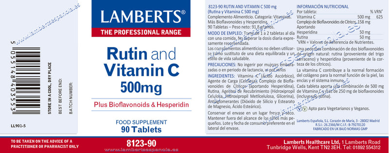 Etiqueta Rutina y Vitamina C 500 mg - 90 Tabletas. Lamberts. Herbolario Salud Mediterranea
