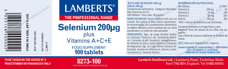 :tiqueta Selenio 200 mcg Plus con Vitaminas A, C y E - 100 Tabletas. Lamberts. Herbolario Salud Mediterranea