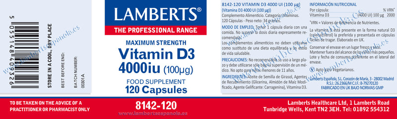 Etiqueta Vitamina D3 4000 IU (100µg), Lamberts. Herbolario Salud Mediterranea