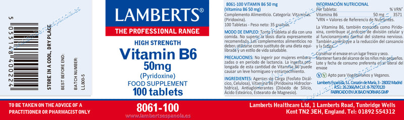Vitamina B6 50 mg - 100 Cápsulas. Lamberts. Herbolario Salud Mediterranea