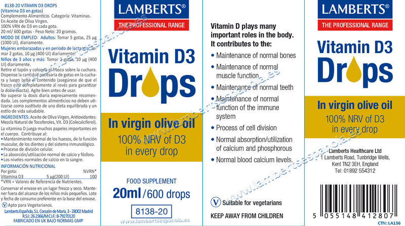 Vitamina D3 líquida - 20 ml. Lamberts