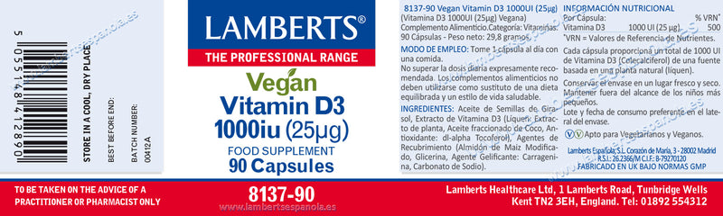 Vitamina D3 Vegana 1000 UI - 90 Cápsulas. Lamberts