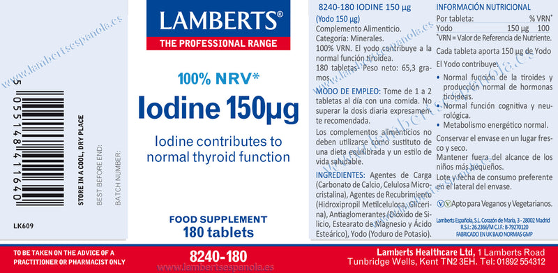 Etiqueta Yodo 150 mcg - 180 Tabletas. Lamberts. Herbolario Salud Mediterranea